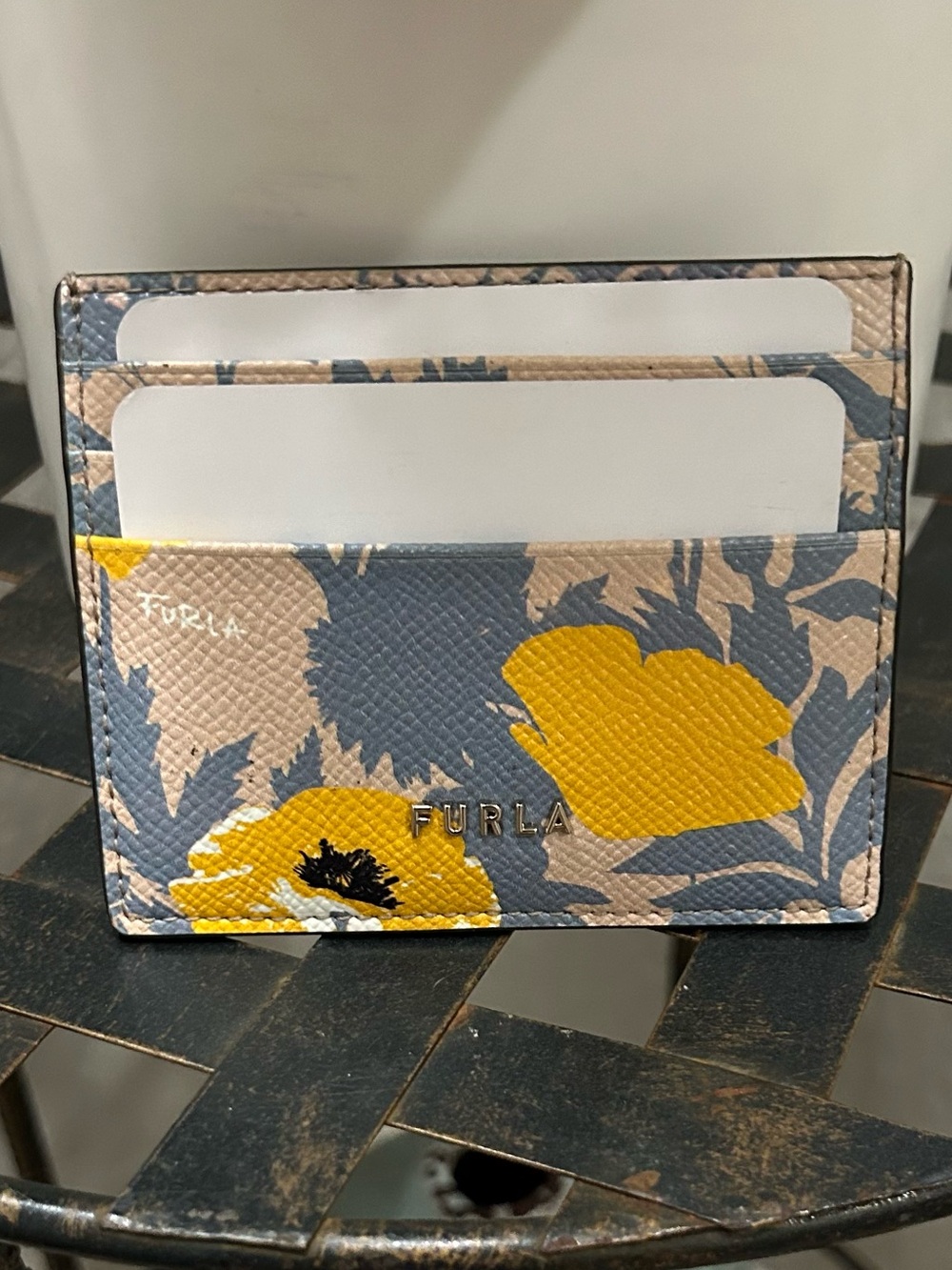 Furla Blue Beige & Yellow Floral Card Case